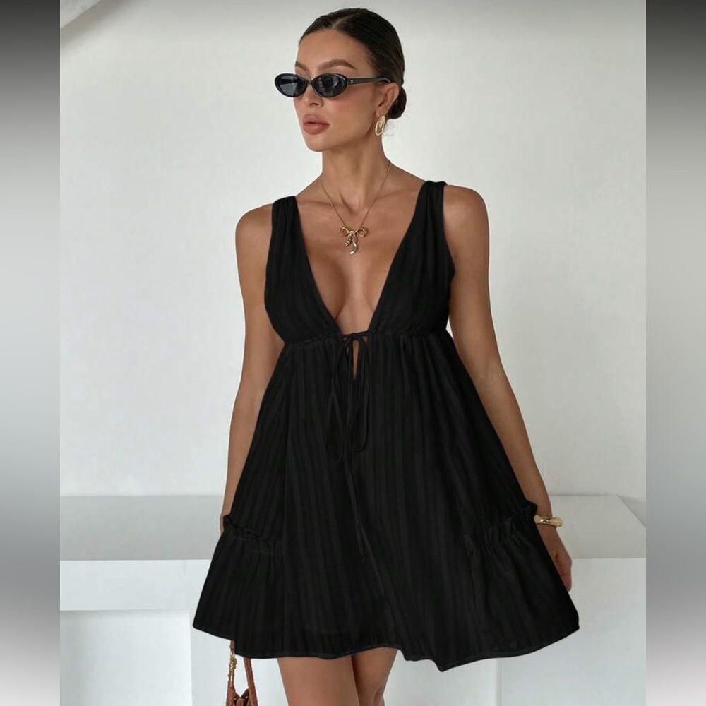 100% cotton boho babydoll dress sleeveless v neck ruffle mini black